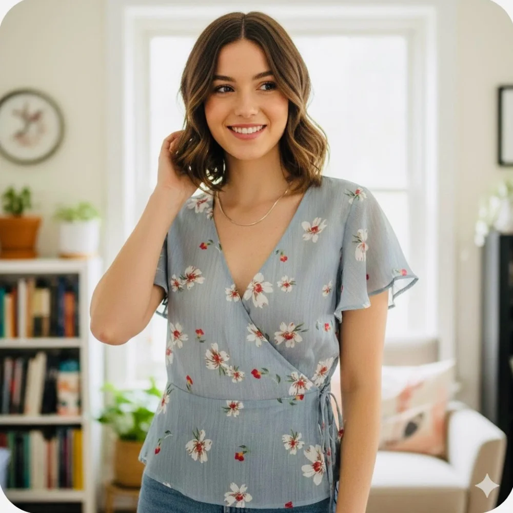 🚨4X$25🚨 Lulu's Blue Floral Wrap Top - Picture 2 of 10